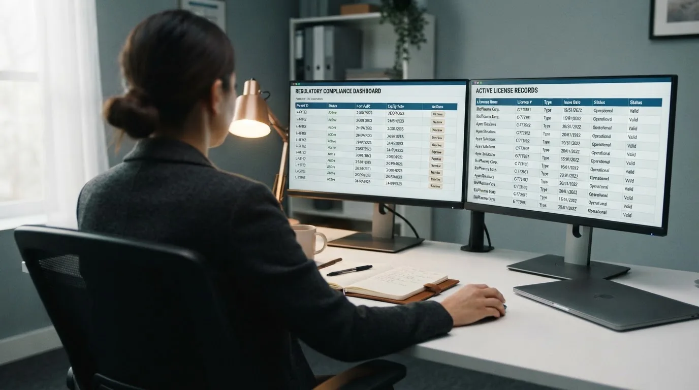 Een medewerker van een toezichthoudende instantie werkt achter een bureau met meerdere monitoren in een professioneel kantoor.