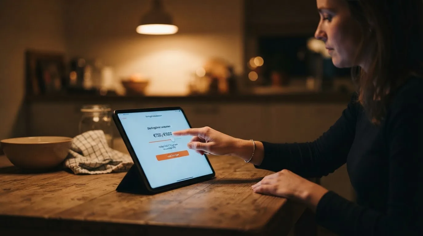 Een persoon bekijkt rustig instellingen voor speellimieten op een tablet aan een keukentafel in de avond.