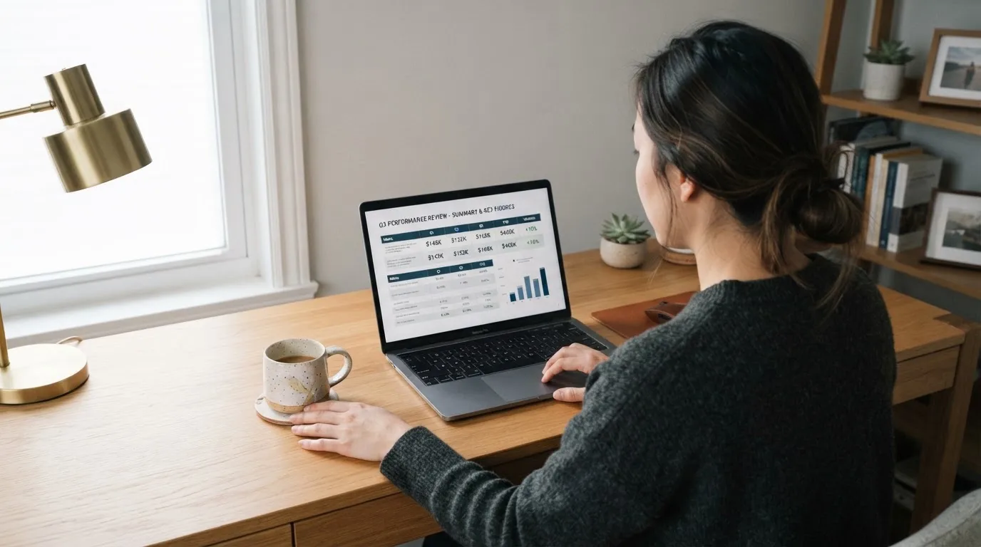 Een persoon zit aan een bureau met een kop koffie en bekijkt rustig een overzicht op een laptopscherm.